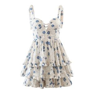 Strangers & Lovers Floral Ruffle Mini HOCO Dress White Blue Gold Beige S fits XS